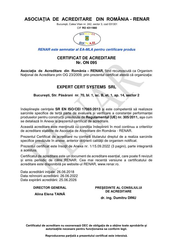 Prima pagină a certificatului de acreditare ON 095