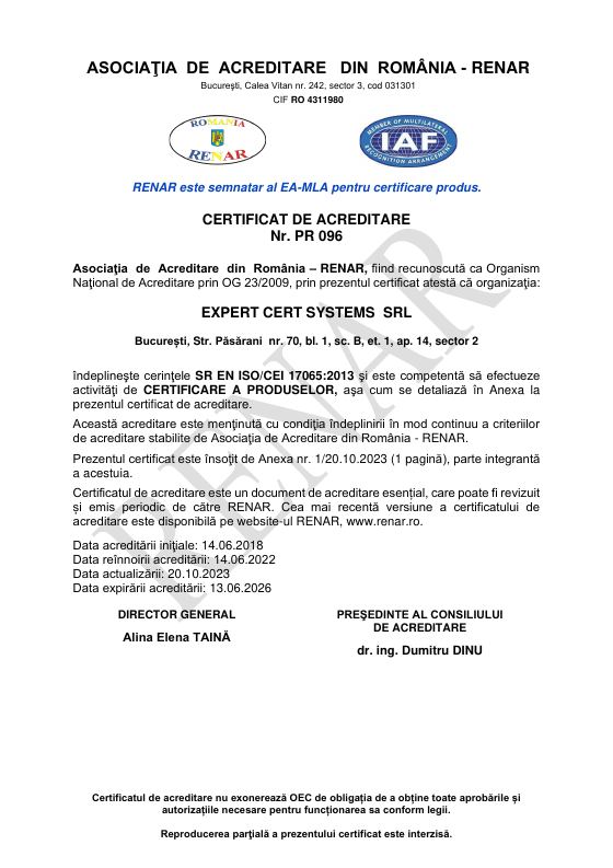 Prima pagină a certificatului de acreditare PR 096