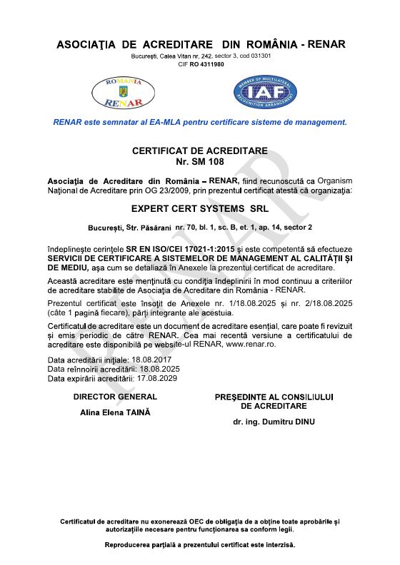 Prima pagină a certificatului de acreditare SM 108